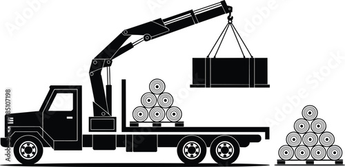 Truck with hydraulic crane lifting heavy cargo pallet for industrial transportation, warehouse logistics, freight loading and material handling operations