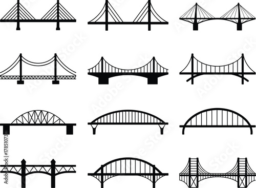 Collection of bridge silhouette icons showing various architectural structural designs for engineering, city infrastructure, transportation, skyline landmark and illustration use