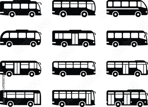Collection of bus icons featuring public transit vehicles, passenger coaches, transportation silhouettes, city shuttle designs, travel and commuting illustration graphics