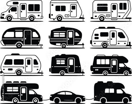 Collection of camper vans, travel trailers and RV motorhomes silhouettes representing outdoor camping lifestyle, road trip adventures and mobile living concept
