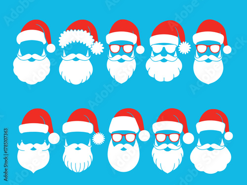 Collection of santa claus faces with red hats and white beards