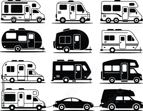 Collection of camper vans, travel trailers, RV motorhomes silhouettes representing road trip lifestyle, outdoor camping adventure and mobile living concepts