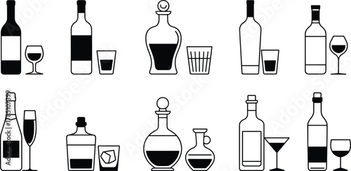 Collection of liquor bottles and drink glasses outline icons, alcohol beverage set, bar menu graphic, black and white vector illustration
