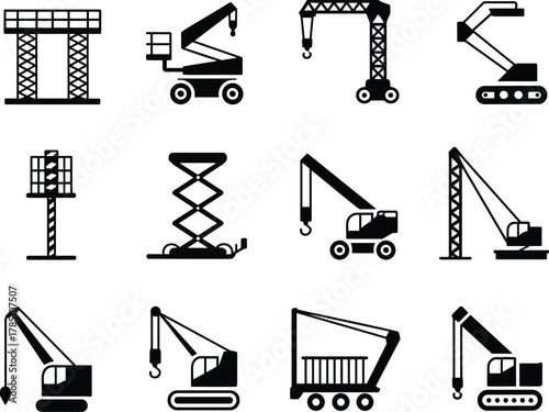 Construction crane and lift machinery silhouette set showing heavy equipment, hoisting cranes, tower boom trucks, industrial work platforms for building operations