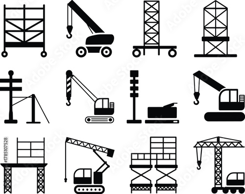 Construction crane and scaffolding icons set showing heavy lifting equipment, tower cranes, scaffolds, industrial machinery silhouettes for building projects
