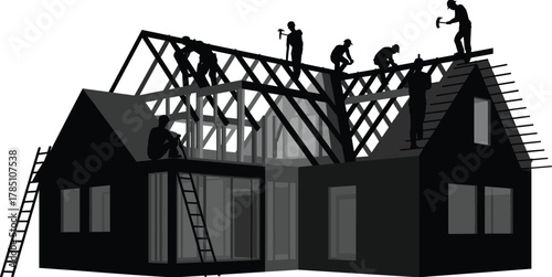 Construction workers building house roof structure, carpentry teamwork installing wooden trusses, residential home frame construction silhouette illustration vector