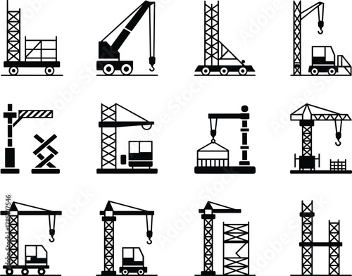 Construction crane icons set showing industrial lifting machines, tower cranes, mobile cranes, building equipment symbols for construction site engineering design projects