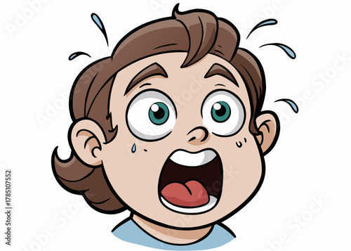 Cartoon child with wide eyes and open mouth expressing shock and fear with sweat droplets and water splashes indicating distress