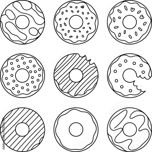 Cute assorted donut outline set with icing and sprinkles, simple coloring page design for kids bakery food pattern illustration