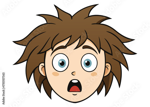 Surprised cartoon boy with spiky brown hair and wide blue eyes expressing shock and astonishment