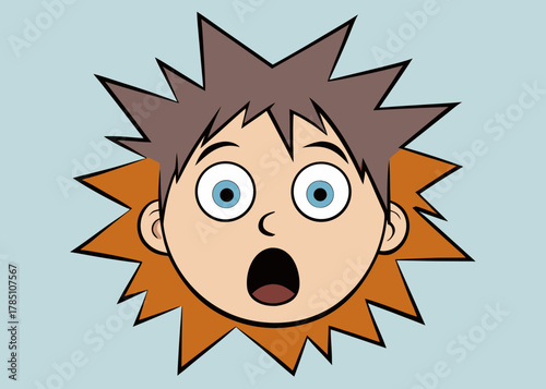 A wide eyed cartoon boy with spiky brown hair and an open mouth expresses shock or surprise against a pale blue background