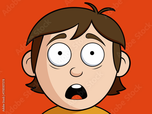 A cartoon boy with wide eyes and an open mouth expresses shock or surprise against a vibrant orange background