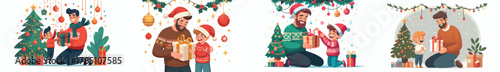 vector of father giving children christmas gifts