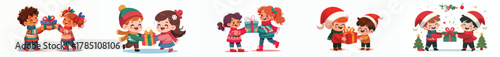 vector of children sharing Christmas gifts
