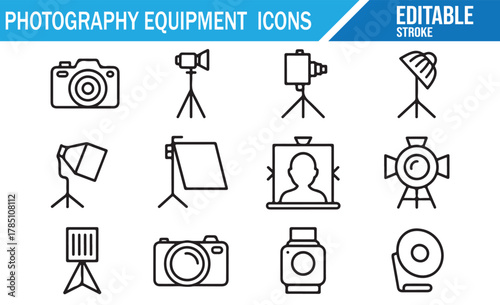 Collection of photography equipment linear icons showing cameras, tripods, lenses, lighting gear, flashes, backdrops, and studio accessories in editable stroke style for photography, videography, and 
