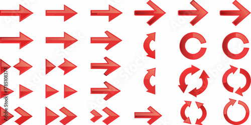Collection of red 3d arrows and circular arrows for directional navigation and design elements