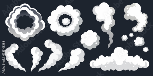 Collection of stylized cartoon smoke and cloud elements for visual effects and design