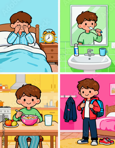 12 Year Old Kid Morning Routine Doodle Set — Wake Up, Toilet, Tooth Brushing, Breakfast — Daily Rituals Vector Illustration