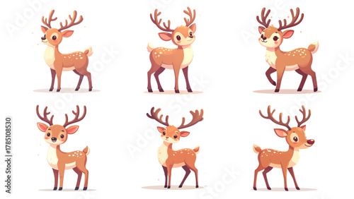 Collection of Flat-Style Reindeer Vector Illustration with Rounded Body, Full Body Character Design on White Background, Perfect for Christmas Cards, Winter Banners, Posters, and Festive Artworks