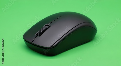 Sleek modern black computer mouse on vibrant green background for technology concepts