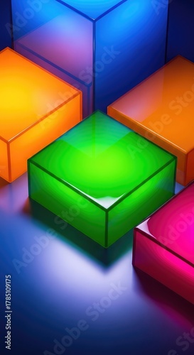 Vibrant translucent cubes glow in dynamic arrangement, offering modern abstract design possibilities