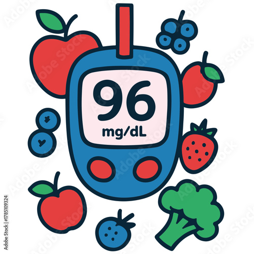 Fruits and glucometer smiling together, healthy food friendship, diabetes prevention illustration
