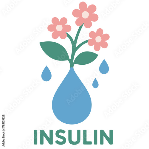 Insulin drops transforming into blooming flowers, symbol of hope and diabetic support, soft medical art