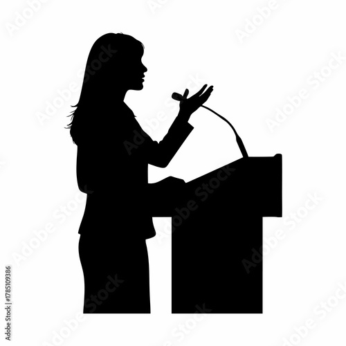 Vector silhouette of a woman giving a speech isolated on a white background
