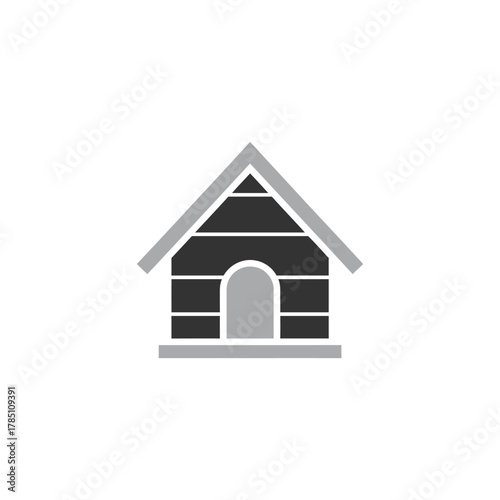 Simple dark gray and light gray dog house icon with arched doorway isolated on transparent background