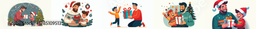 vector of father giving children christmas gifts