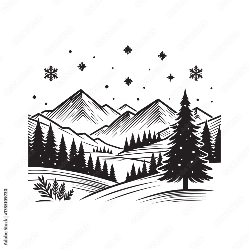 Obraz premium Minimalist Snowy Mountain Landscape — Clean Line Art Winter Vector Illustration