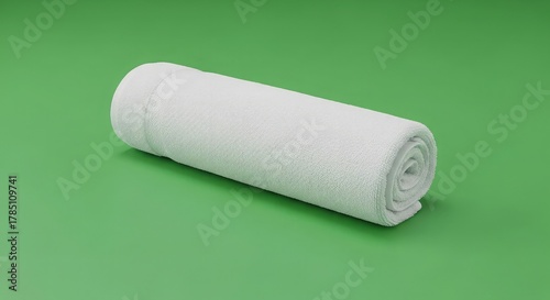 Plush white rolled towel on vibrant green background, perfect for spa, hotel, or wellness concepts.