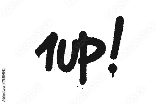 Black graffiti style 1UP text isolated with spray paint drips