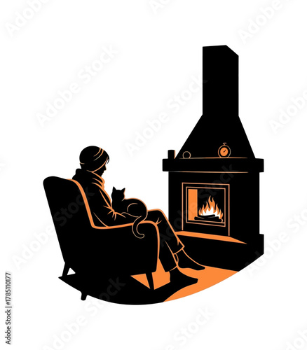 Silhouette of person relaxing in armchair near fireplace, cozy home winter mood vector illustration