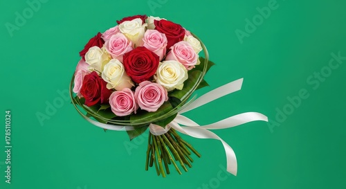 Stunning mixed roses bouquet with delicate ribbons, perfect for celebrations and romance