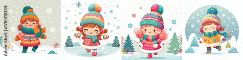 vector of a little girl walking in a snowy atmosphere