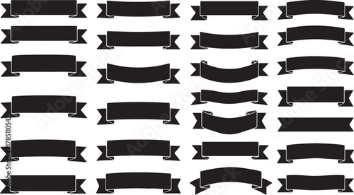 Collection of 24 elegant black ribbon graphics with diverse shapes and styles perfect for design projects and embellishments
