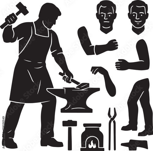 Blacksmith silhouette graphic illustration set of a craftsman forging metal at an anvil, featuring modular body parts, hammer, forge, and tongs, symbolizing traditional work and skilled labor.