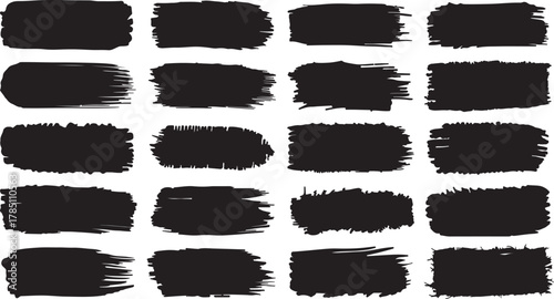 A diverse collection of 24 distinct black brush stroke elements perfect for adding artistic flair and texture to graphic design projects and illustrations