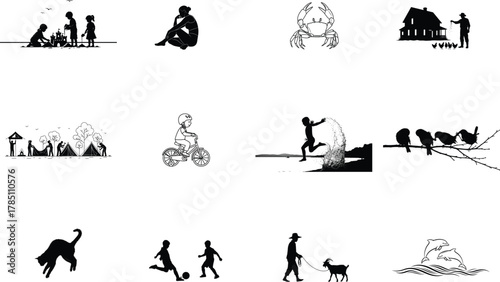 Children playing soccer and building sandcastles vector