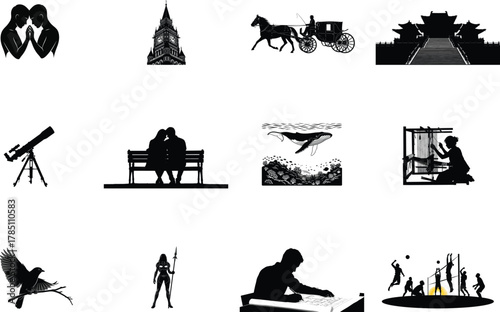 Couple clock carriage temple telescope couple whale weaver bird warrior architect volleyball