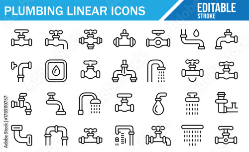 Plumbing outline icons collection with taps, pipes, and showerheads in editable stroke style