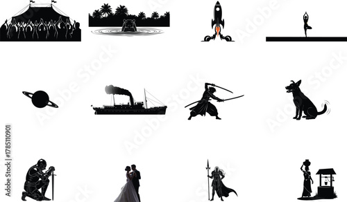 Diverse silhouettes of people animals and objects circus