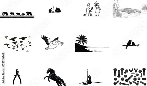 Elephants pelican couple horse pliers bolts herd grass