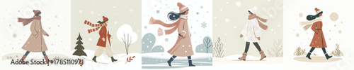 vector of a woman walking in a snowy atmosphere