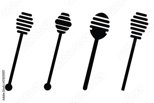 Honey Dipper Silhouette Icon Set – Dripping Honey Stick Vector Illustration for Sweet Food and Dessert Design