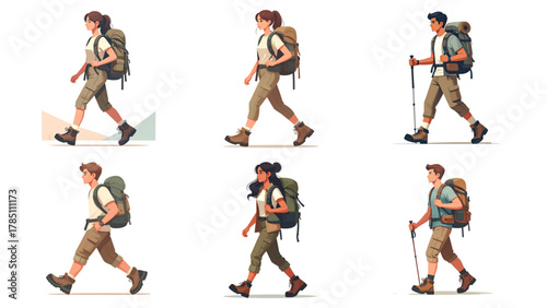 Full body vector illustration of a hiker wearing outdoor clothing, backpack, hiking boots and trekking gear. Perfect for adventure, travel and camping designs.