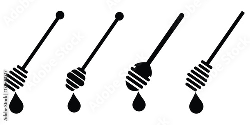 Honey Dipper Silhouette Icon Set – Dripping Honey Stick Vector Illustration for Sweet Food and Dessert Design