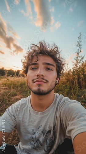 Natural outdoor selfie of a young man with curly hair and a beard, showcasing a relaxed gaze under the warm, golden light of a sunset sky in a peaceful grassy field