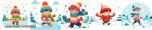 vector of a little boy walking in a snowy atmosphere